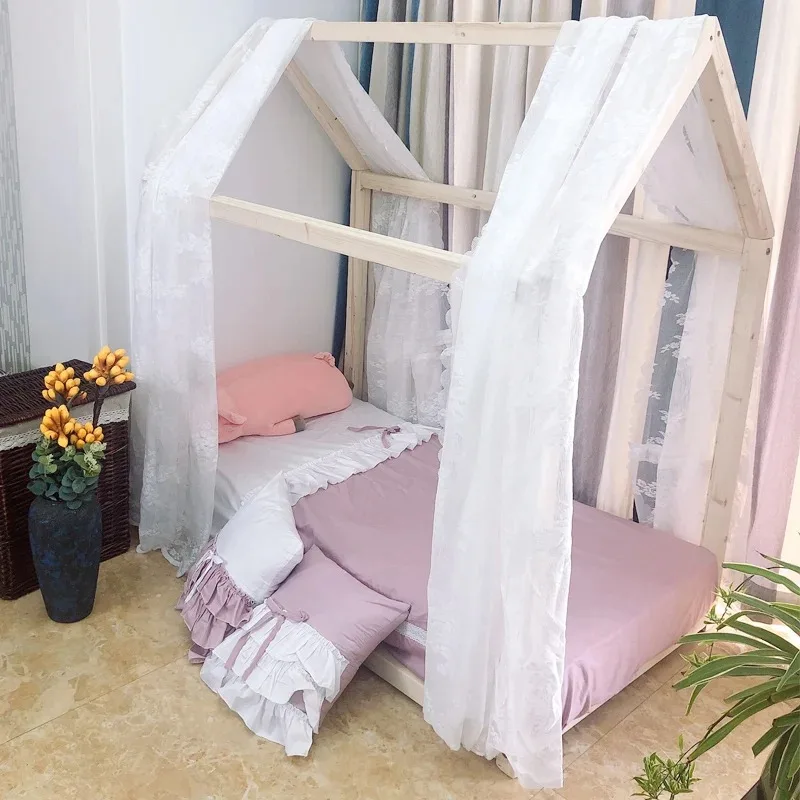 Bed Curtain Children's  Small Wooden Roof Tent Play House Bed Curtains Mosquito Net Princess Lace Kids Girl Bed Decoration