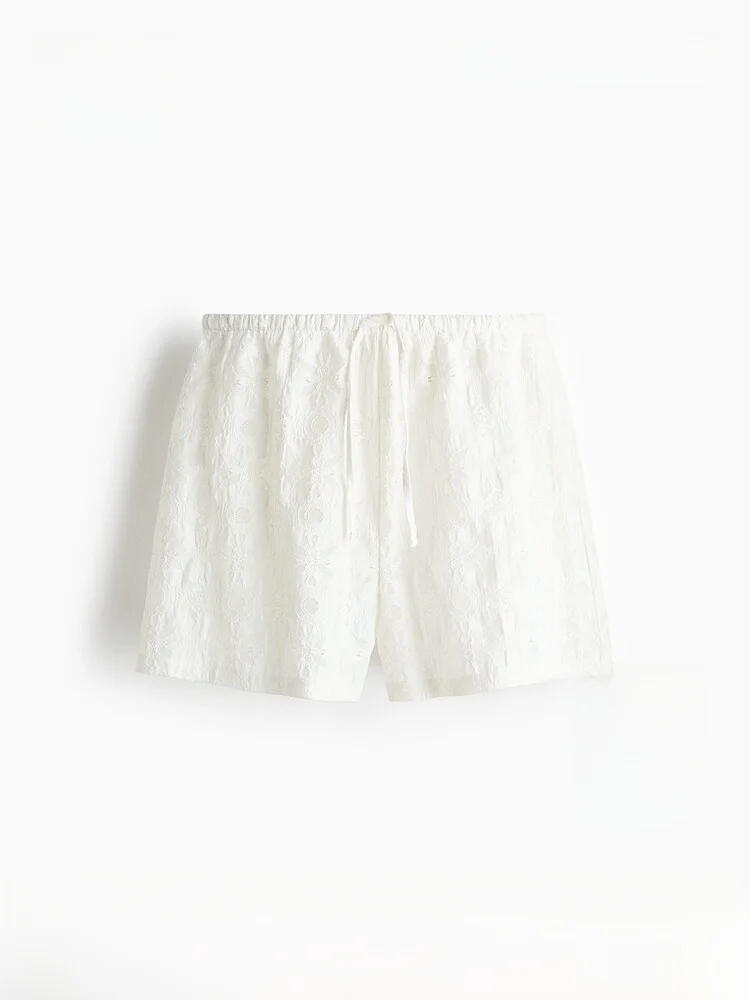 

H&M Women's Summer Casual Elastic Waist Shorts Plain Color Breathable Comfortable Fabric Drawstring Design Straight Leg Pants