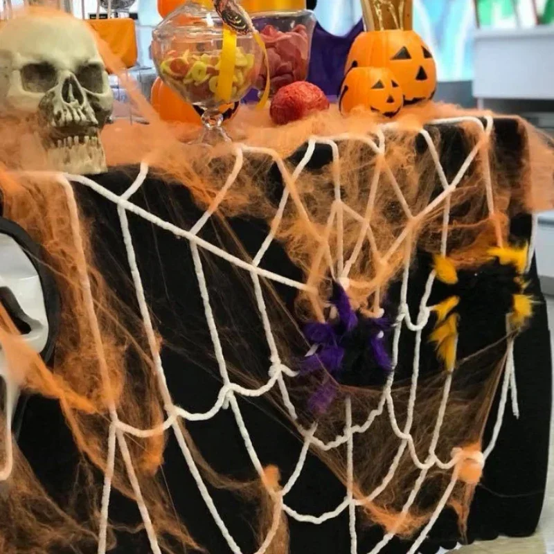 Künstliches Spinnennetz Halloween-Deko Buntes Baumwoll-Stretch-Spinnennetz mit Fake-Spinnen Gruselige Party-Dekoration Horrorhaus-Requisiten – Detail 15