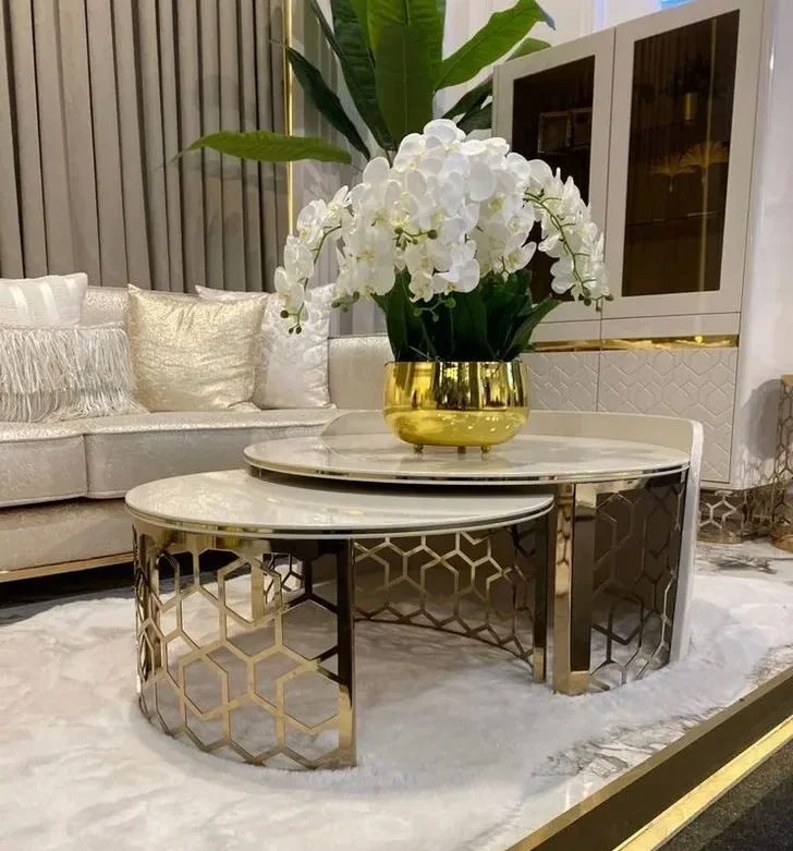 

S Living Room Honeycomb Accent Table Golden Stainless Steel Coffee Table Set 2 Round Wood Center Table