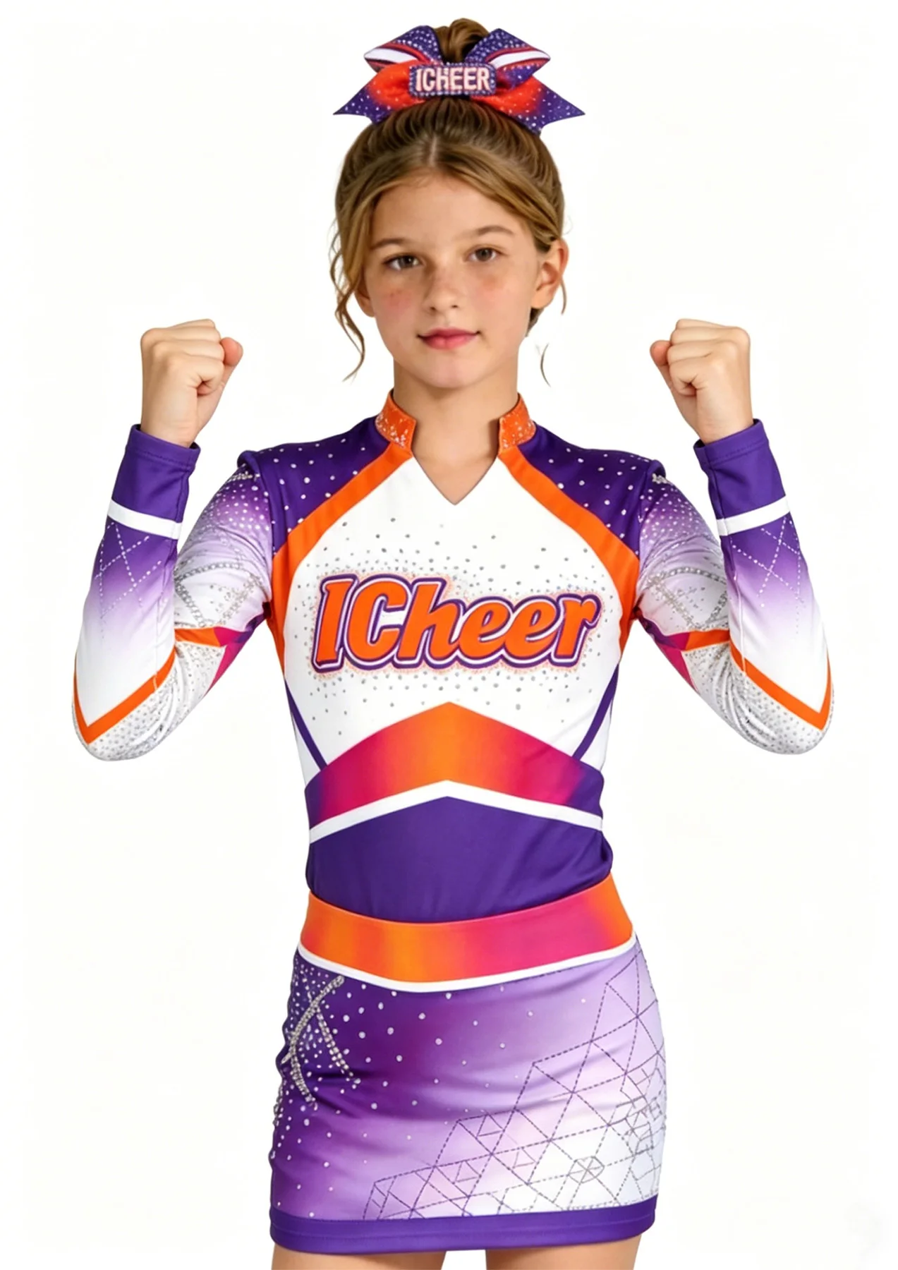 Girls Bling Rhinestone Cheer Leader Uniform Long Sleeve Purple Orange Gradient Cheer Dress Bow Kids Cheerleading Dance Outfit