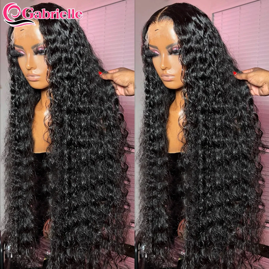 Deep Wave Frontal Wig Brazilian 13x4 13x6 Lace Front Human Hair Wigs for Women 180% Gabrielle Curly Lace Wig Natural Black