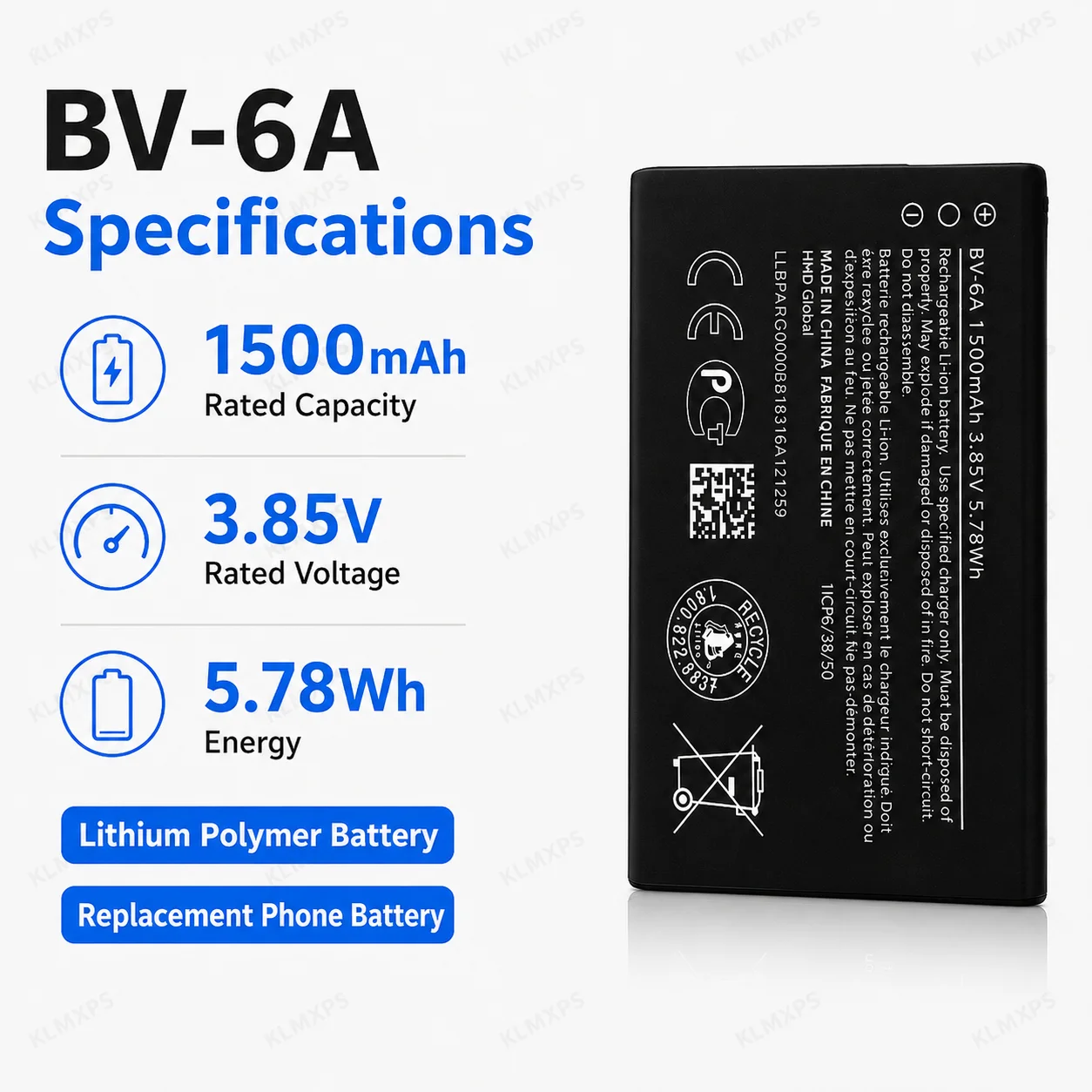 BV-6A Battery 1500mAh 3.85V Lithium Polymer Rechargeable Mobile Phone Replacement Battery for Nokia 5250 3606 2060