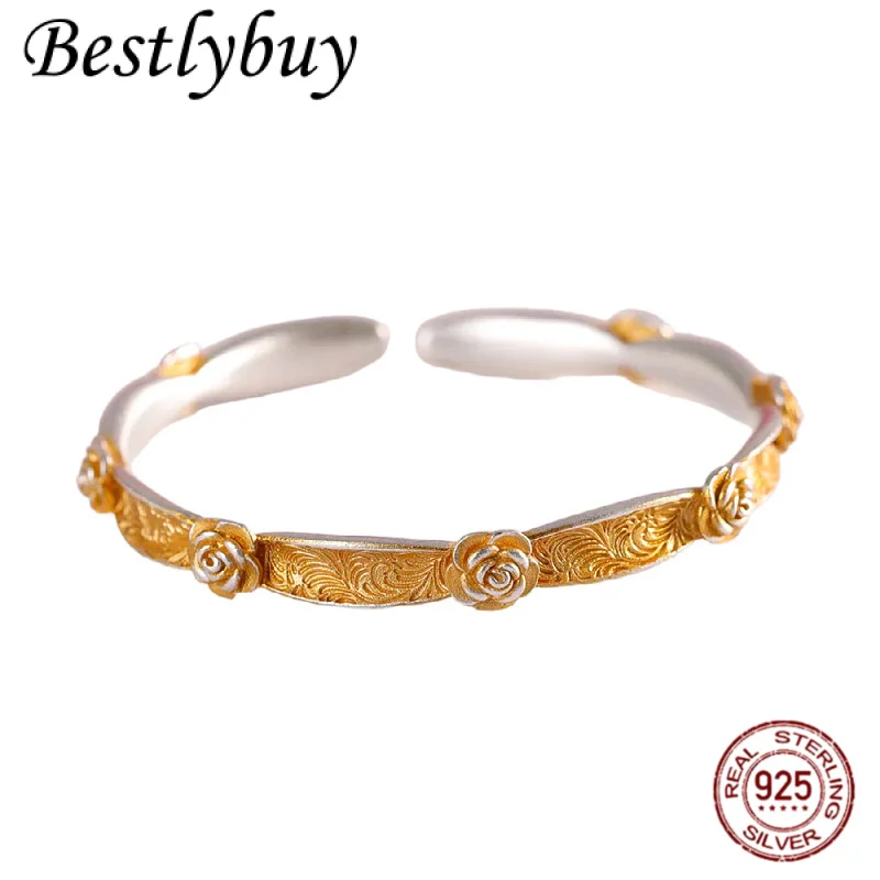 

999 Sterling Silver Gold-plated Tang Grass Patterned Rose Open Bracelet For Women's Retro Fashion Valentine's Day Jewelry Gift