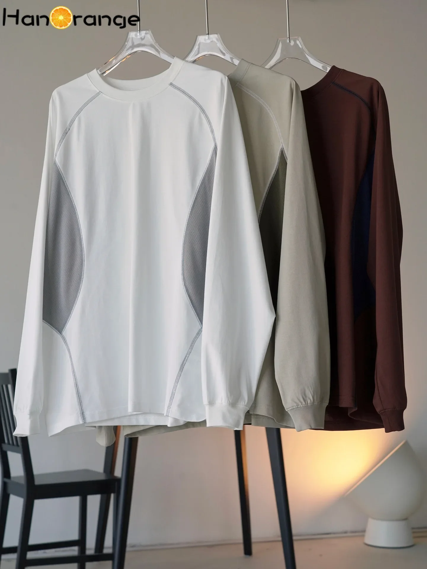 HanOrange-T-shirt respirant pour femme, haut épissé, blanc, marron plonger âtre, vert clair, style sport, début du printemps, 2025