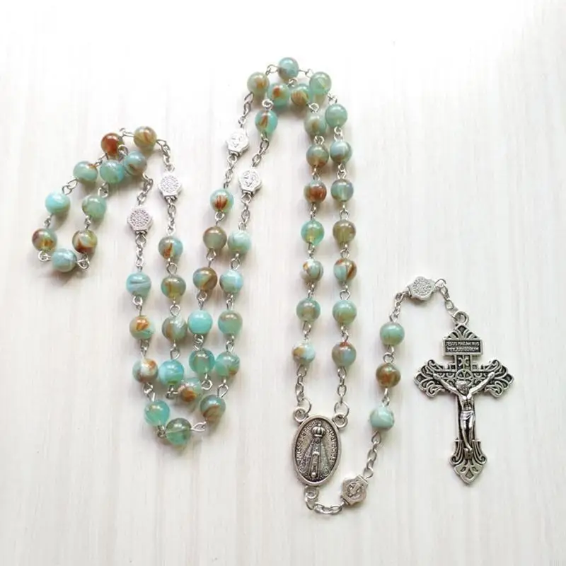 

B0KC Rosary Beads Necklace 6mm with Jesus Christ Crucifix for Cross Catholic Pendant