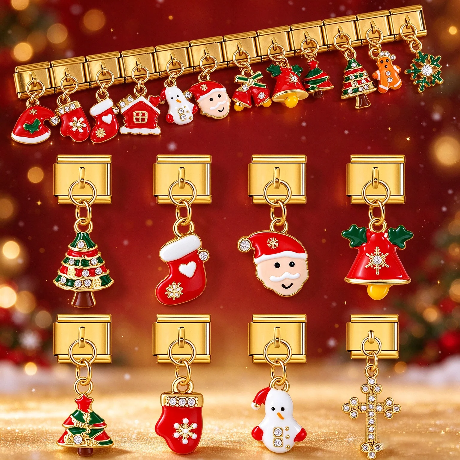 URING Enamel Pendant Christmas House Tree Italian Links Charm Fit 9mm Stainless Steel DIY Making Christmas Gift Bracelet Jewelry