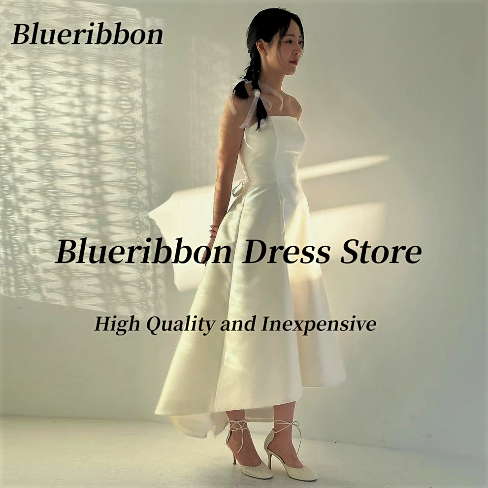 

Blueribbon Summer Ladies Wear High Low Wedding Dresses Strapless Lace Up Back Bows Bridal Gowns A Line Special Occasion Dress