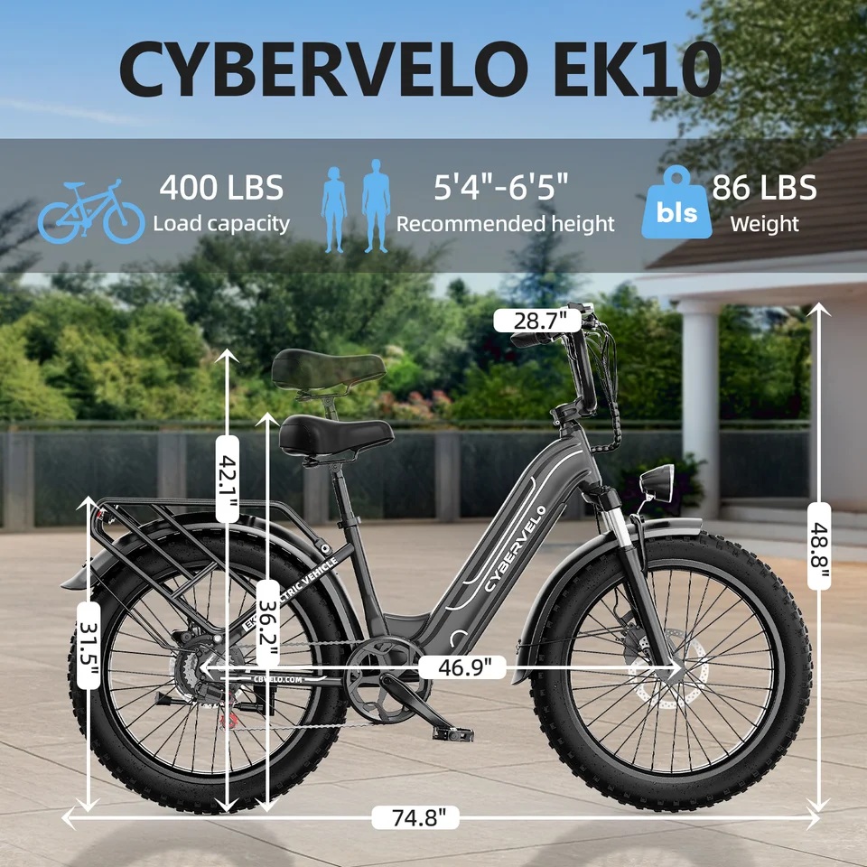Cybervelo 1000W Peak All‑Terrain Fat Tire Ebike 26" 48V 25Ah Removable Battery 7‑Speed City Commuter Adult Electric Bike EK10 image 8