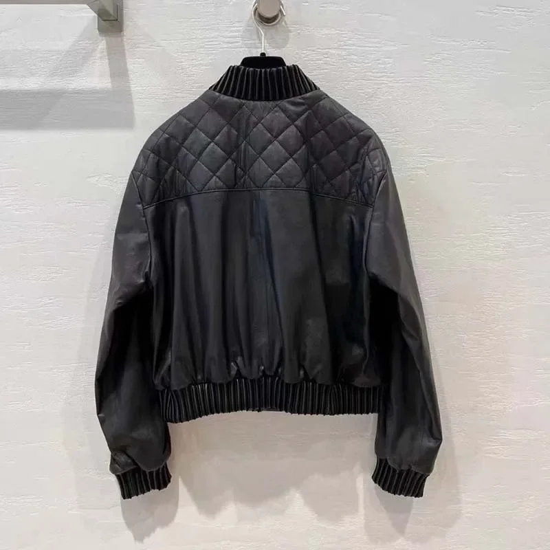 High quality genuine leather jacket 2024 new arrival o neck Women coat Spring short legnth diamond lattice decoration