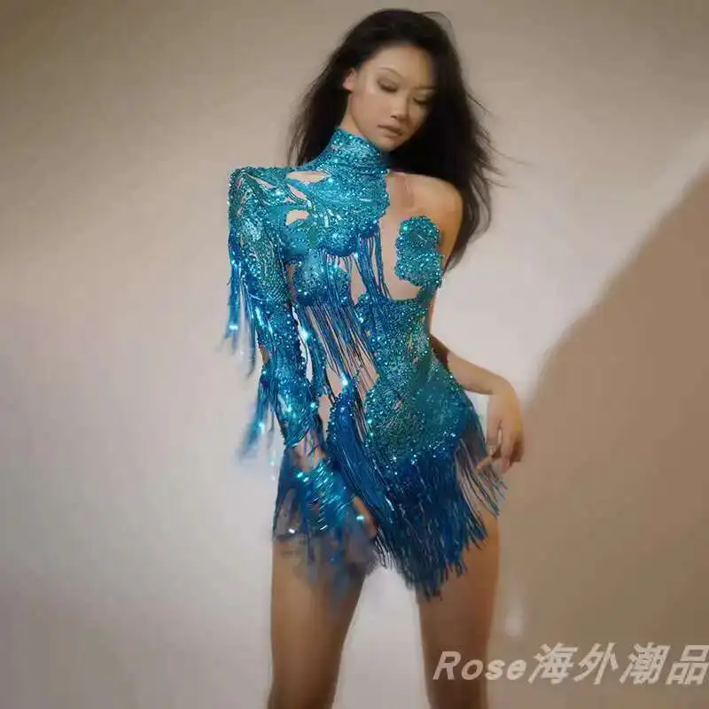 

Unique Peacock Blue Slimming Elegant Tassel Jumpsuit One-Sleeve Design Stage Talent Bar Disco Performance Costume
