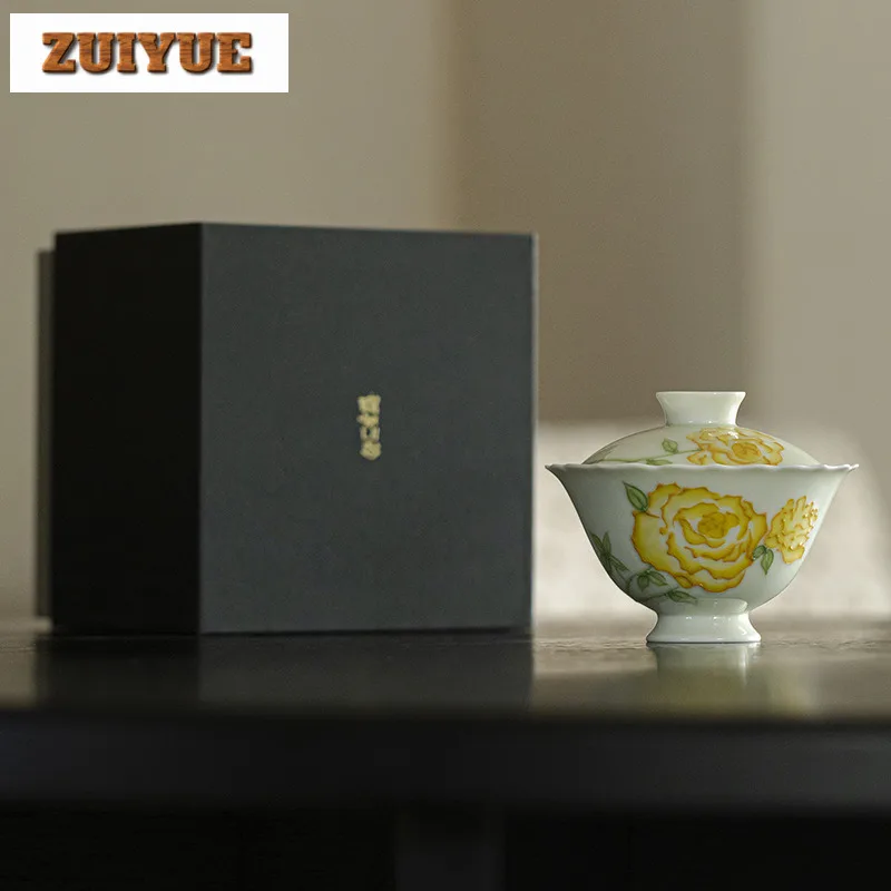

110ml Hand Drawn Roses Gaiwan Boutique Ceramic Cover Bowl Elegant High-feet Tea Tureen Tea Brewing Chinese Cha Equipment Gift