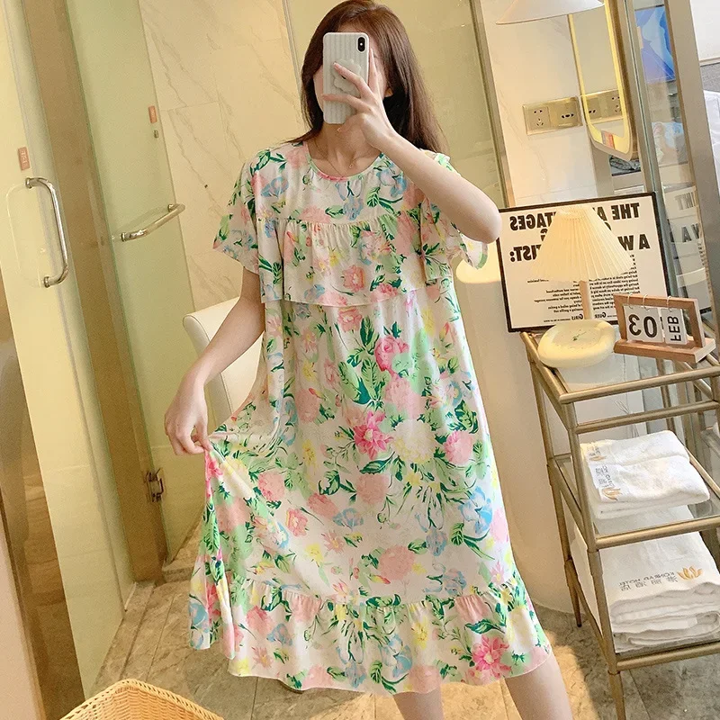 Nightdress Women Summer Thin Large-size Cotton Silk Skirt Pajamas Ladies Loose Loungewear Female Outdoor Floral Nightgowns Girls