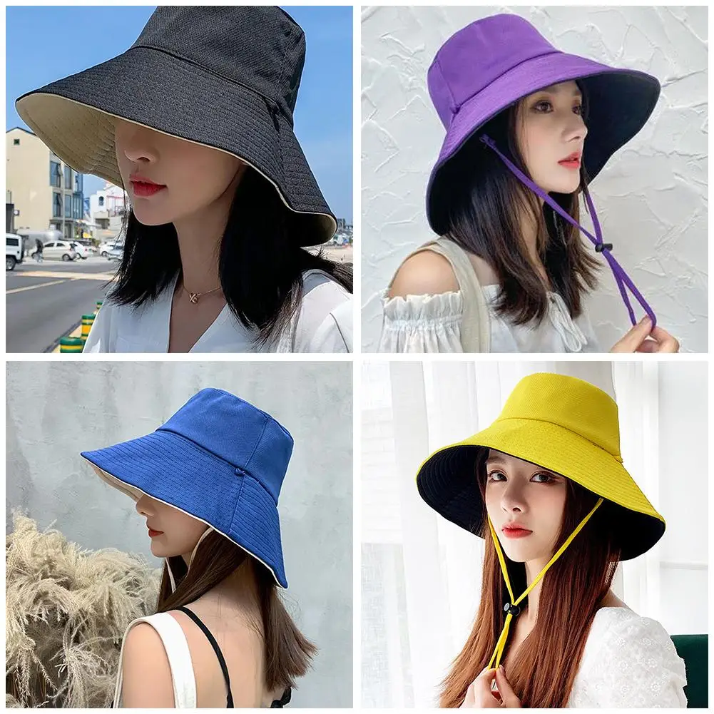 Summer  Double Sided Sun Hat Wide Brim Women Anti-UV Protection Hiking Fisherman Cap Foldable Solid Beach Bucket Hat