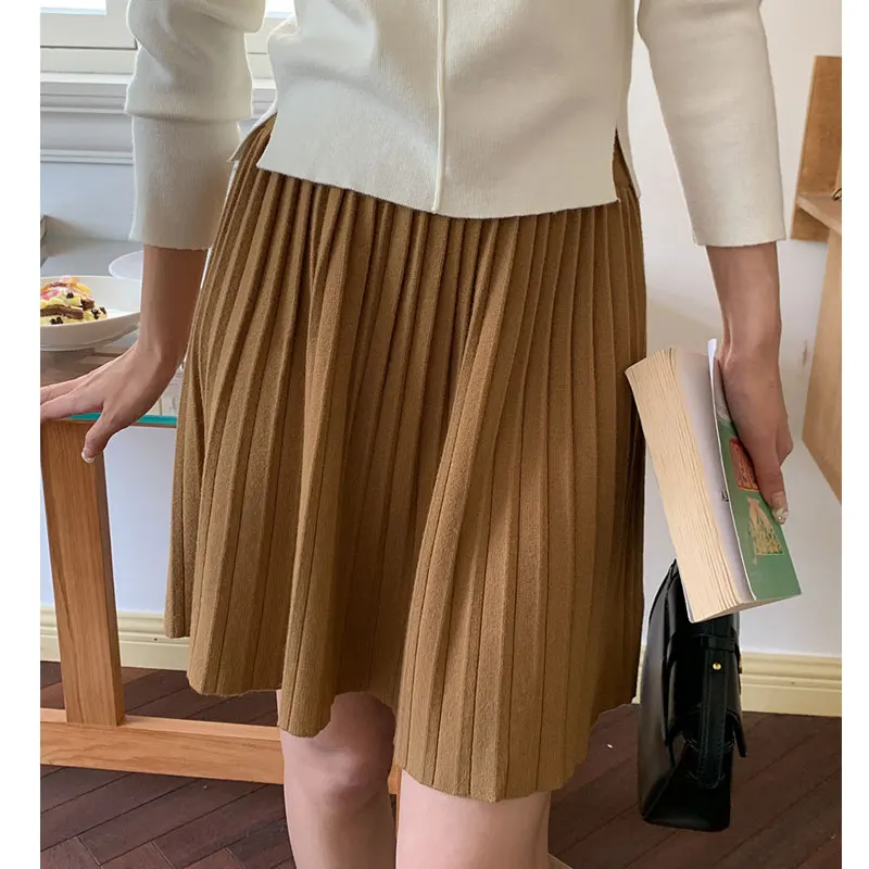 Femmes automne Mini Jupe taille haute tricoté matériel a-ligne jupes plissées haute qualité vêtements Jupe Femme Faldas Jupe Saia