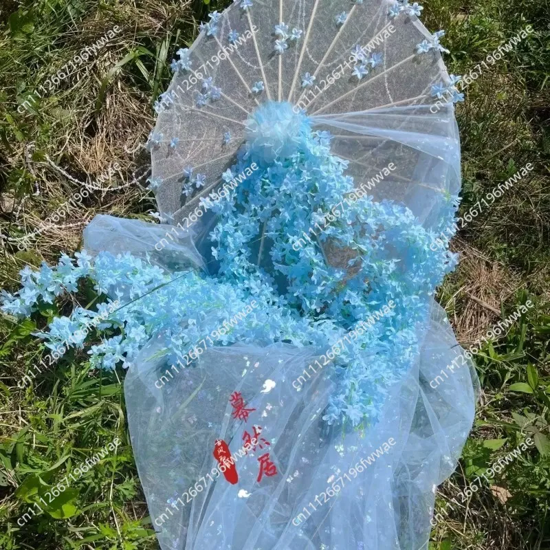 Ethereal Floral Vine Butterfly Umbrella Ancient Hanfu Dance Cosplay Veil Umbrella with Ribbon Handcraft Umbrella for Photography