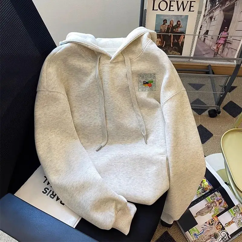 2024 new autumn winter gray hooded sweatshirt for women with niche design, oversized retro and stylish super good-looking top