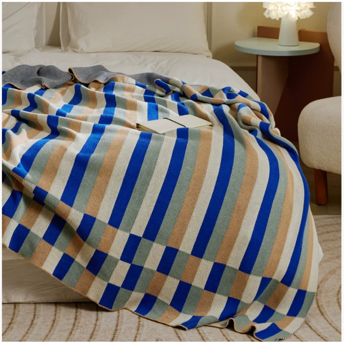 Cute strip geometry home soft casual blanket, office nap blanket, knitted sofa blanket, pillowcase, bed end blanket