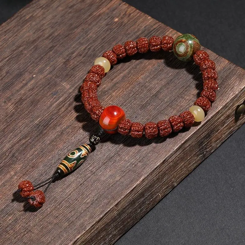 Vintage Tibetan Aged Rudraksha Beaded Bracelet Dzi Bead Lucky Fortune Prayer Mala For Men Women Good Luck Blessing Spiritual Med
