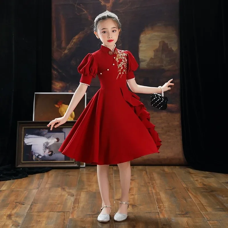 Girls Puff Sleeves Stand Up Collar Dress Chinese Style Girl Dresses Children Celebration Costume Beading Fancy Kids Clothes