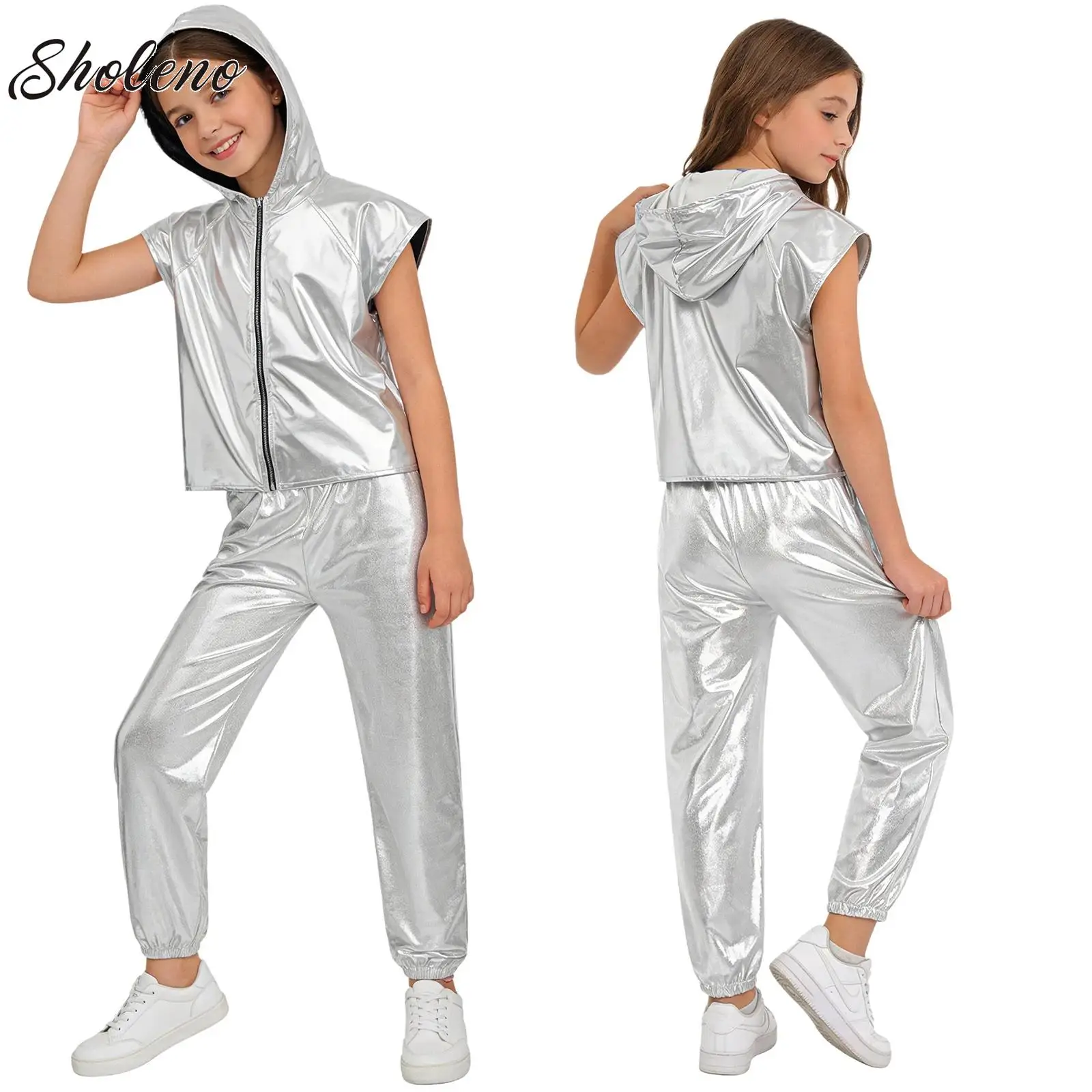 

Kids Jazz Hip Hop Dance Party Sets Girls Boys Metallic Hooded Vest T-shirt with Pants Outfits Modern Stage Performance Costume