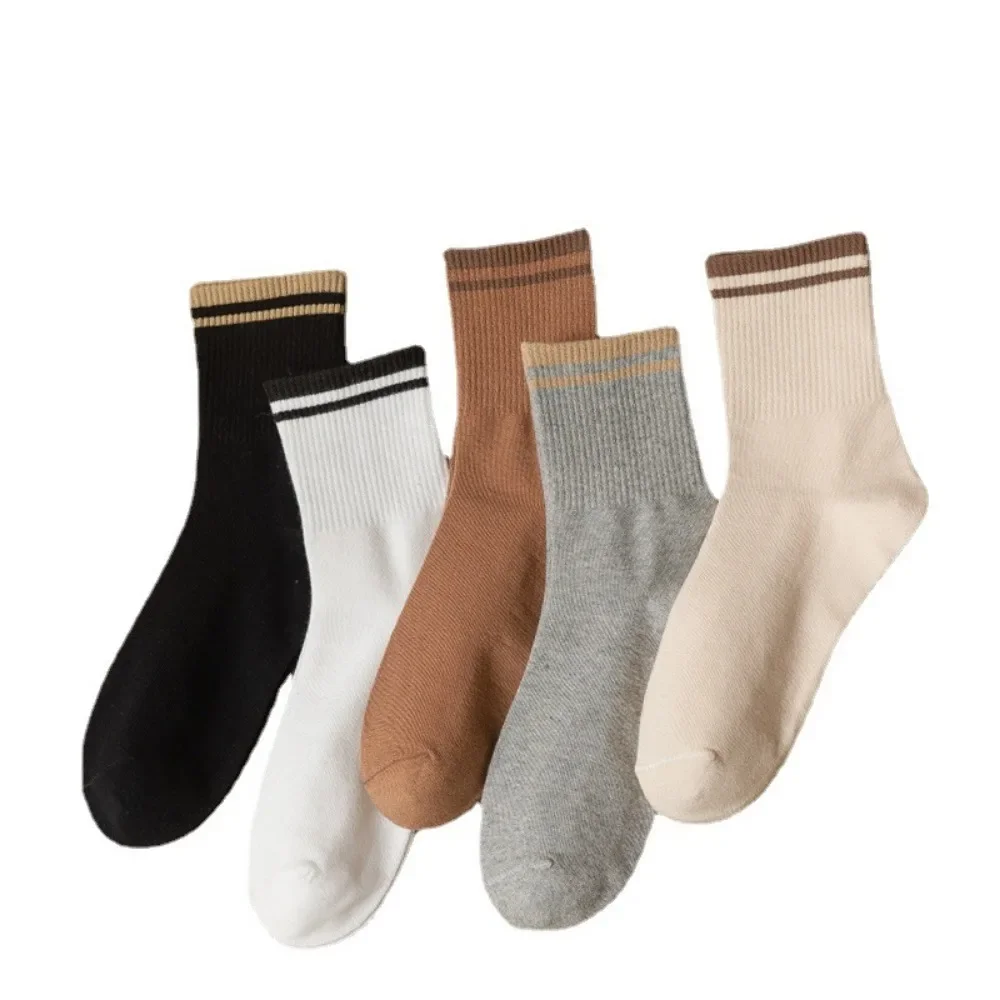 Japanese Fashion Casual Socks Solid Color Striped Sports Socks Winter Warmth Soft Cotton Comfy Breathable Socks for Women Girls