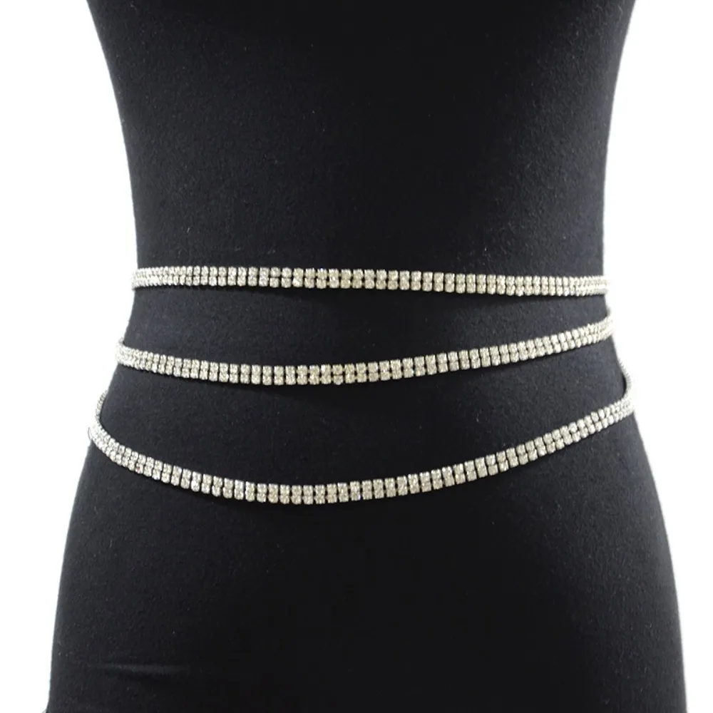 Silver Rhinestone Metal Chain Belt wrap around free