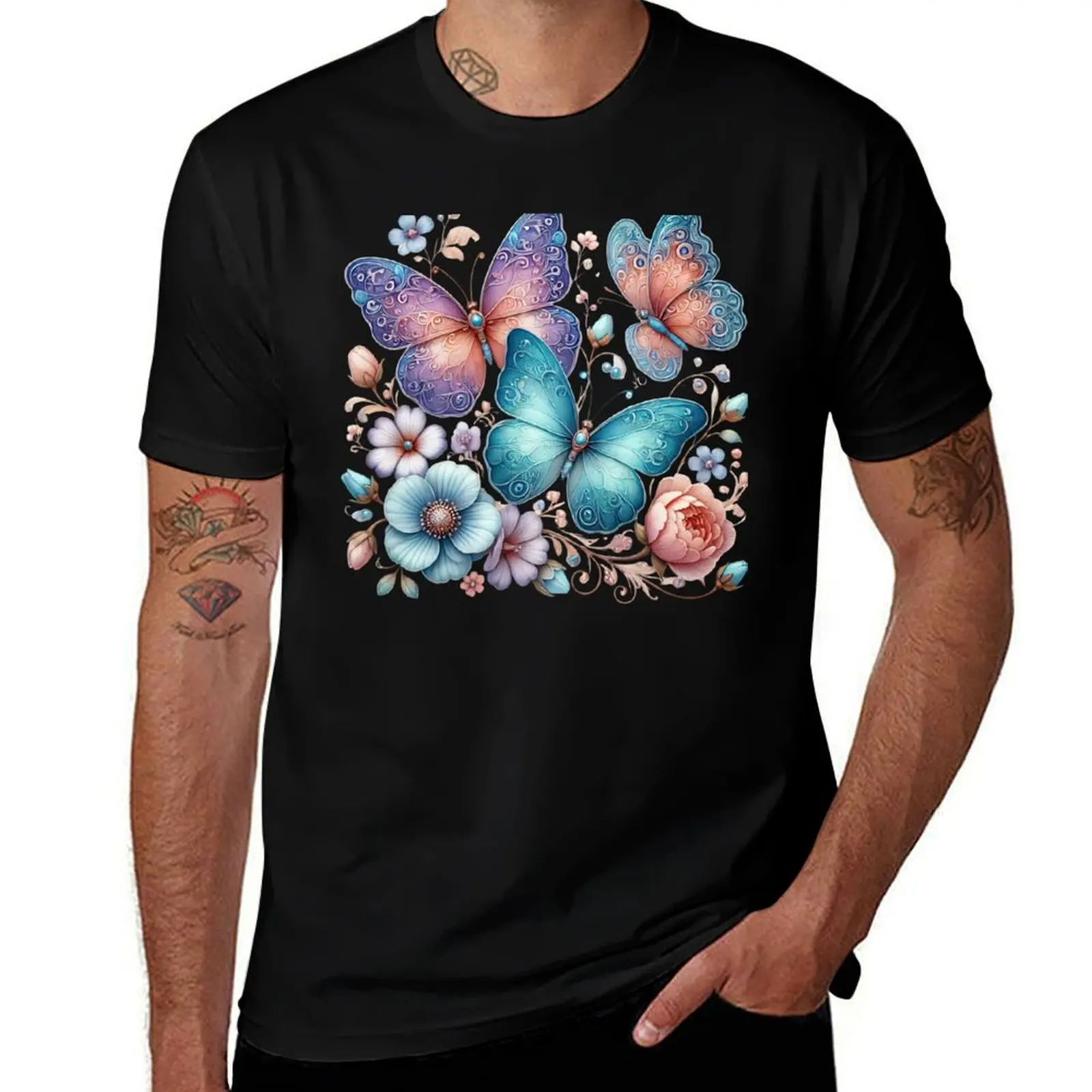 

Fantasy butterflies with a flower background T-Shirt cotton graphic tees anime figures funny costumes t shirt men 100℅ cotton