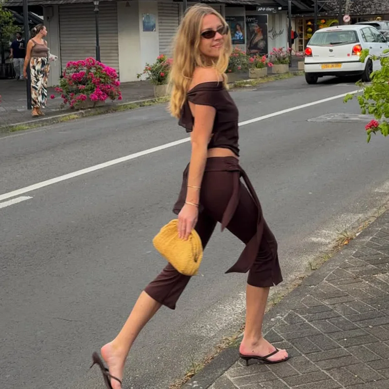 2026 Summer New Women's Casual Solid Color Fashion Slim Fit Splicing Strap Micro Pulling Style Seven Leg Pants