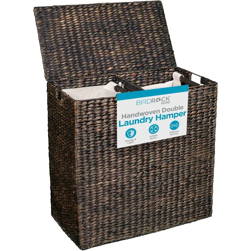 Handwoven Double Laundry Hamper | Removable Liner Bags | Laundry Basket with Lid - College Dorm Room Essentials