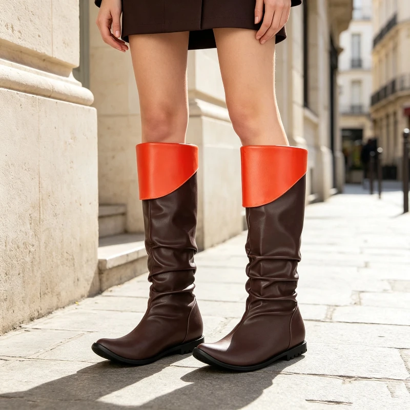 Unisex Medieval Pirate Cosplay Boots Pointed Toe Ruched High PU Leather Tall Boots Contrast Color Renaissance Costume Shoes
