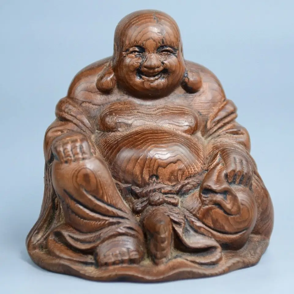 Hand Carved Wood big belly Maitreya Buddha Statue Figurine Desktop Ornaments Home Decoration Crafts Tea Pet Decor