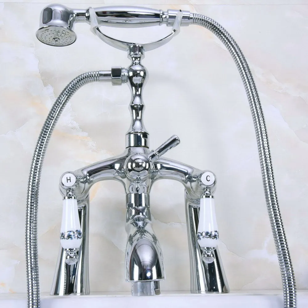 

Polished Chrome Deck Mounted Bath Tub Faucet Bathroom Handheld Shower Faucet Mixer Taps tna102