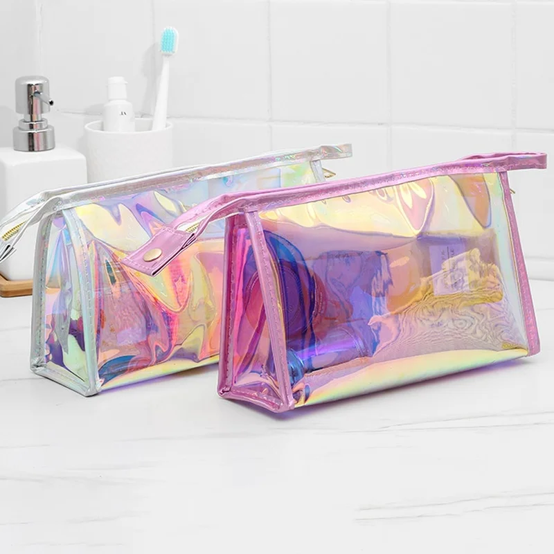 Waterproof Zipper Make Up Beauty Case Female Girls Stationery Bag Cosmetic Bag Laser Color Transparent PVC Toiletry Makeup Bag