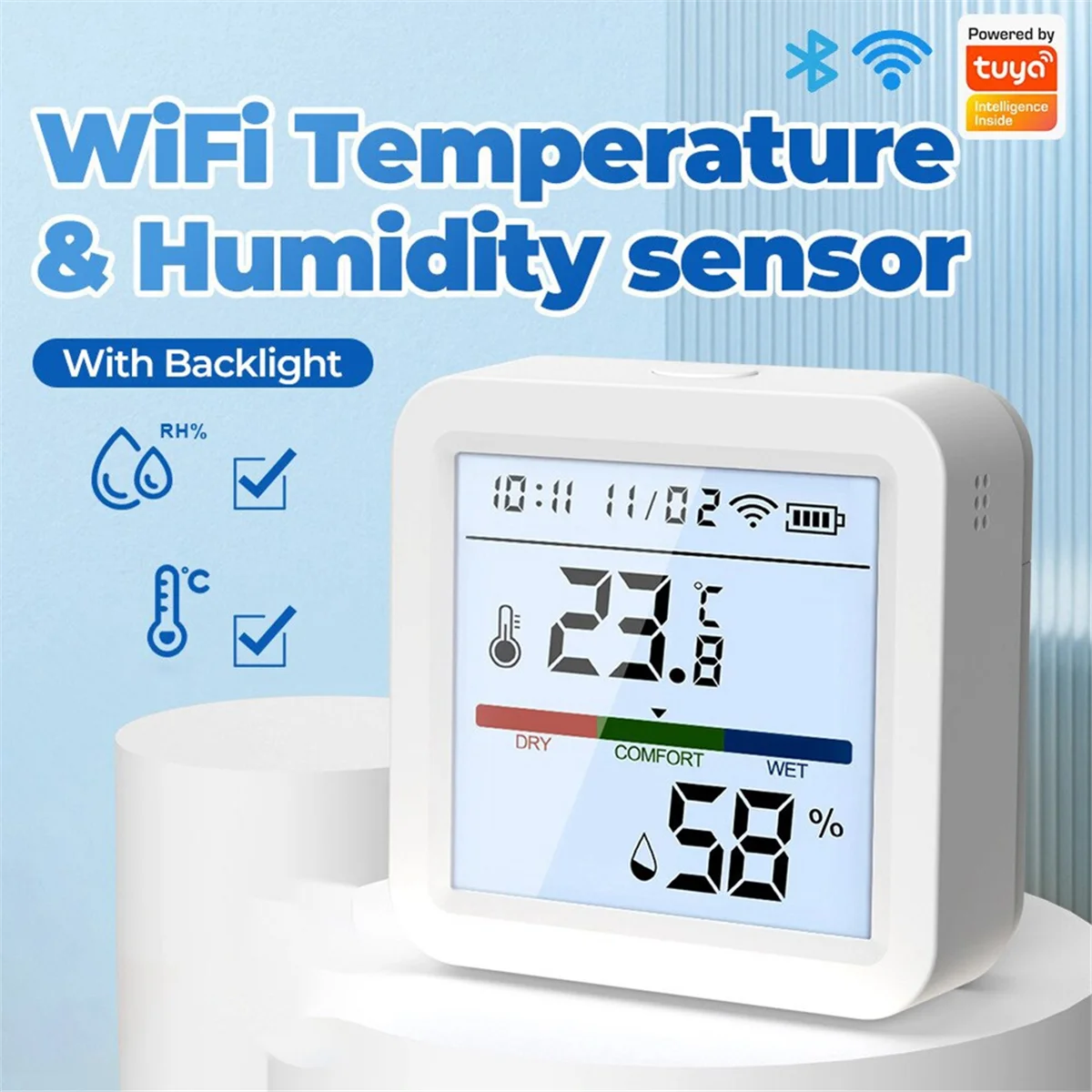 Tuya Sensor Kelembaban Suhu WiFi, lampu latar hidup pintar Sensor termometer mendukung untuk Alexa Google rumah
