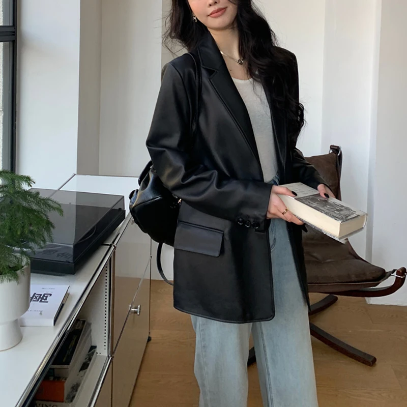 أنيقة السيدات جلد الغنم السترة معاطف 2026 ربيع الموضة التلبيب المرأة عادية فضفاض واحدة الصدر بدلة جلدية حقيقية سترة #4