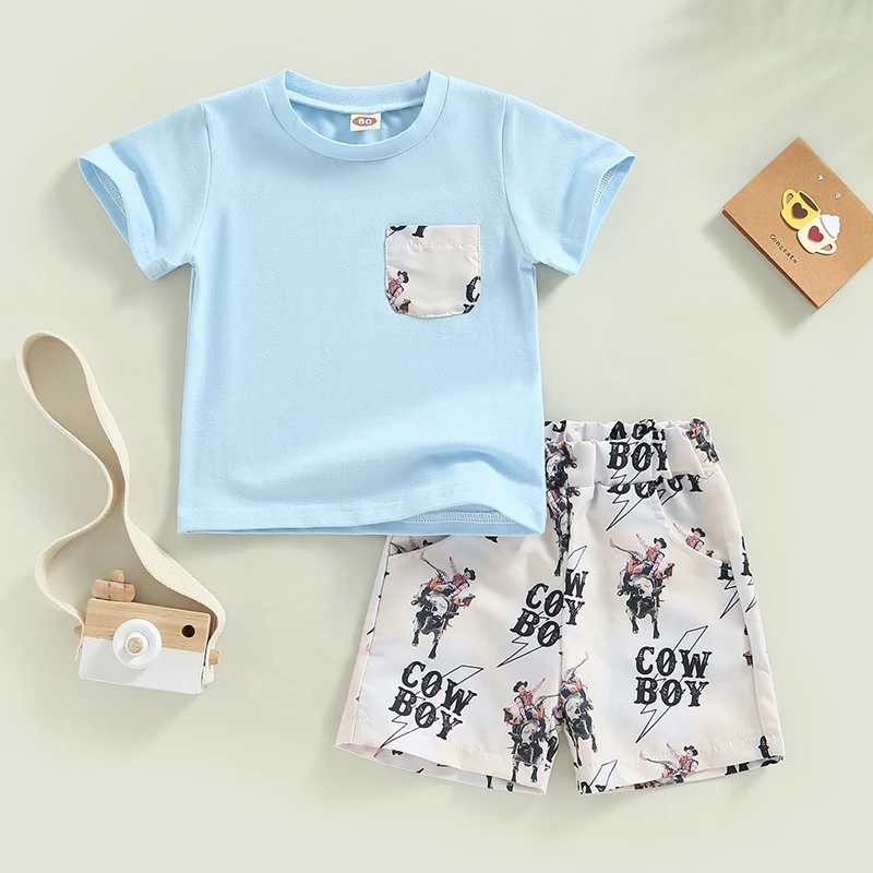 

2022-12-17 Lioraitiin 0-3Years Infant Boys Summer Clothes Outfits Crew Neck Short Sleeve Pocket T-Shirts Cow Boy Letter Shorts