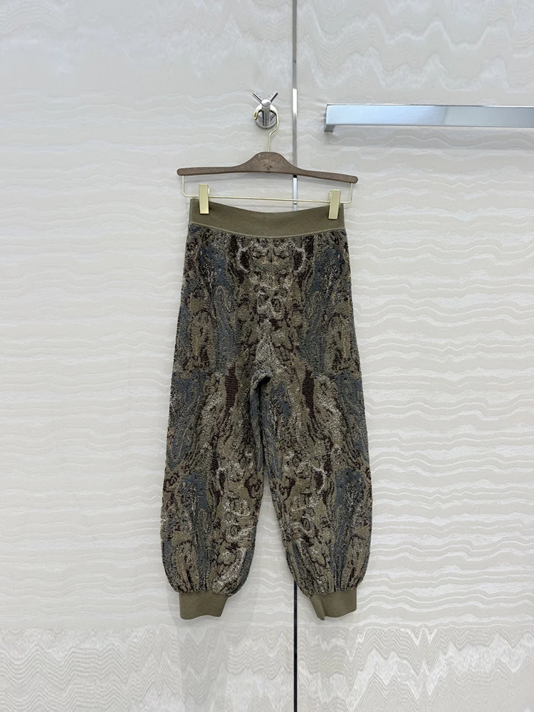 Autumn Winter Fashion Daily Vintage Jacquard Casual Cuffed Pants Women's Elastic Waist Slim Pocket Straight Barrel Trousers