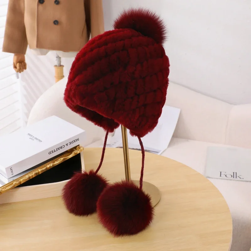 Rabbit Fur Ushanka Hat for Women Winter Knit Cap display picture 1