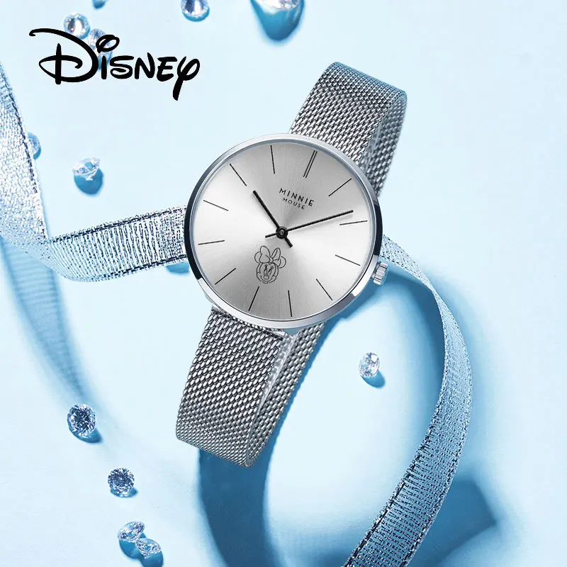 Disney Mickey Mouse Woman Quartz Wristwatch Young Lady Fashion Steel Classic Dress Watch Crystal New Girl Lover Couple Wristband