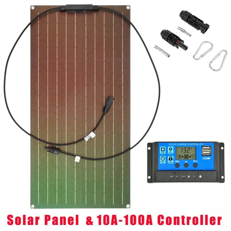 300W(#45W) Solar Panel + 100A Controller Set 18V ETFE Flexible Monocrystalline Solars Plate Cell Battery System Emergency Supply