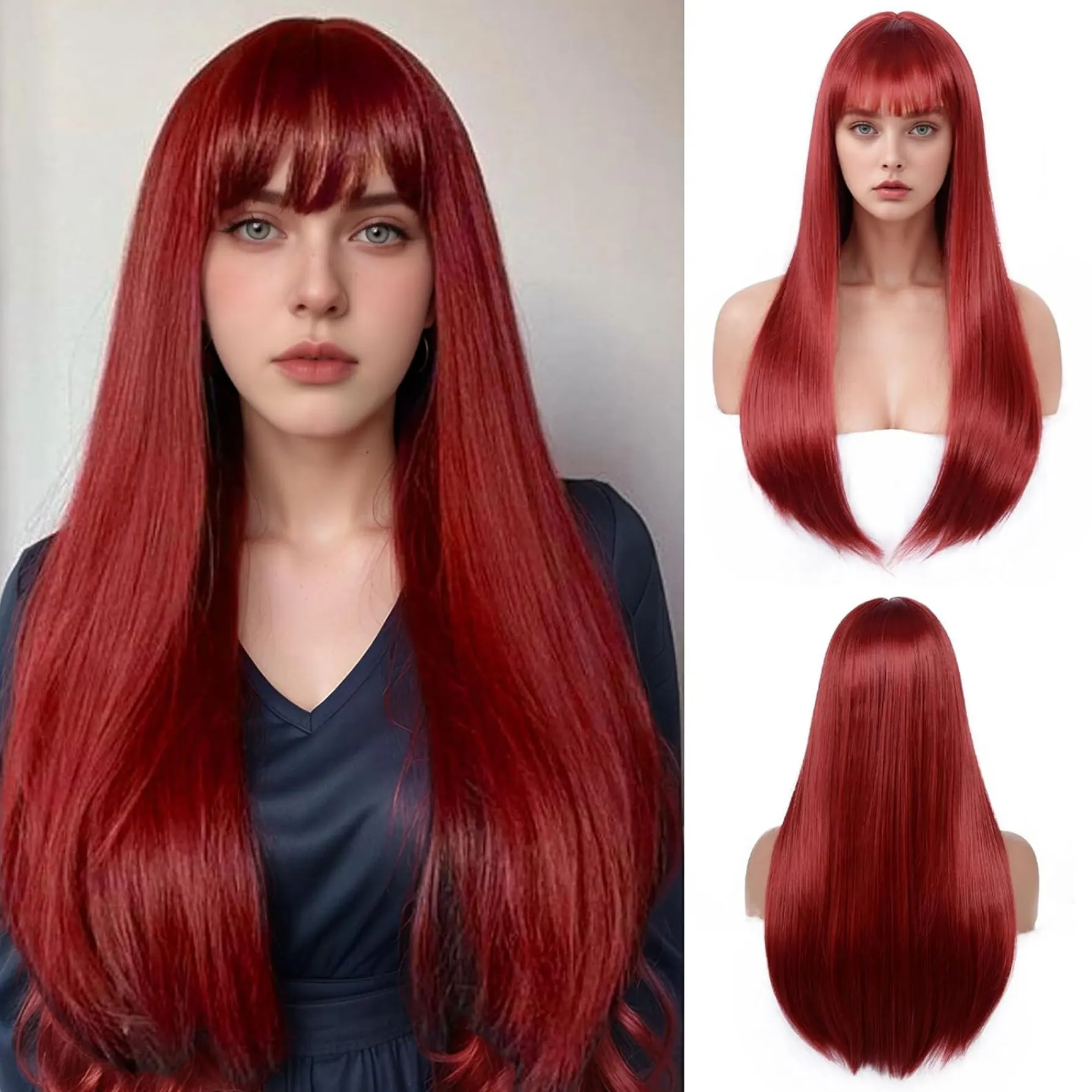 

Wine Red Wig with Bangs for Women – Long Straight Heat Resistant Synthetic Wig for Daily Use, Party, Halloween, Cosplay – 24 Inc