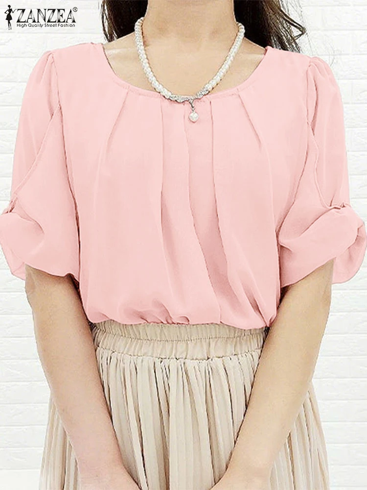

ZANZEA Women Elegant Pleated Blouses 2025 Summer O-Neck Half Sleeve Casual Blusas de Mujer Solid Color Commuting Tops Streetwear