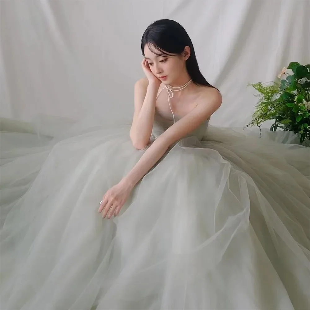 ซอนดร์สีเขียวอ่อนเอ-ไลน์สีชุดแต่งงานเกาหลีทูลรัดตัวกลับเกาะอกงานแต่งงานสแน็ปชุดผู้หญิงหรูหราชุดปาร์ตี้