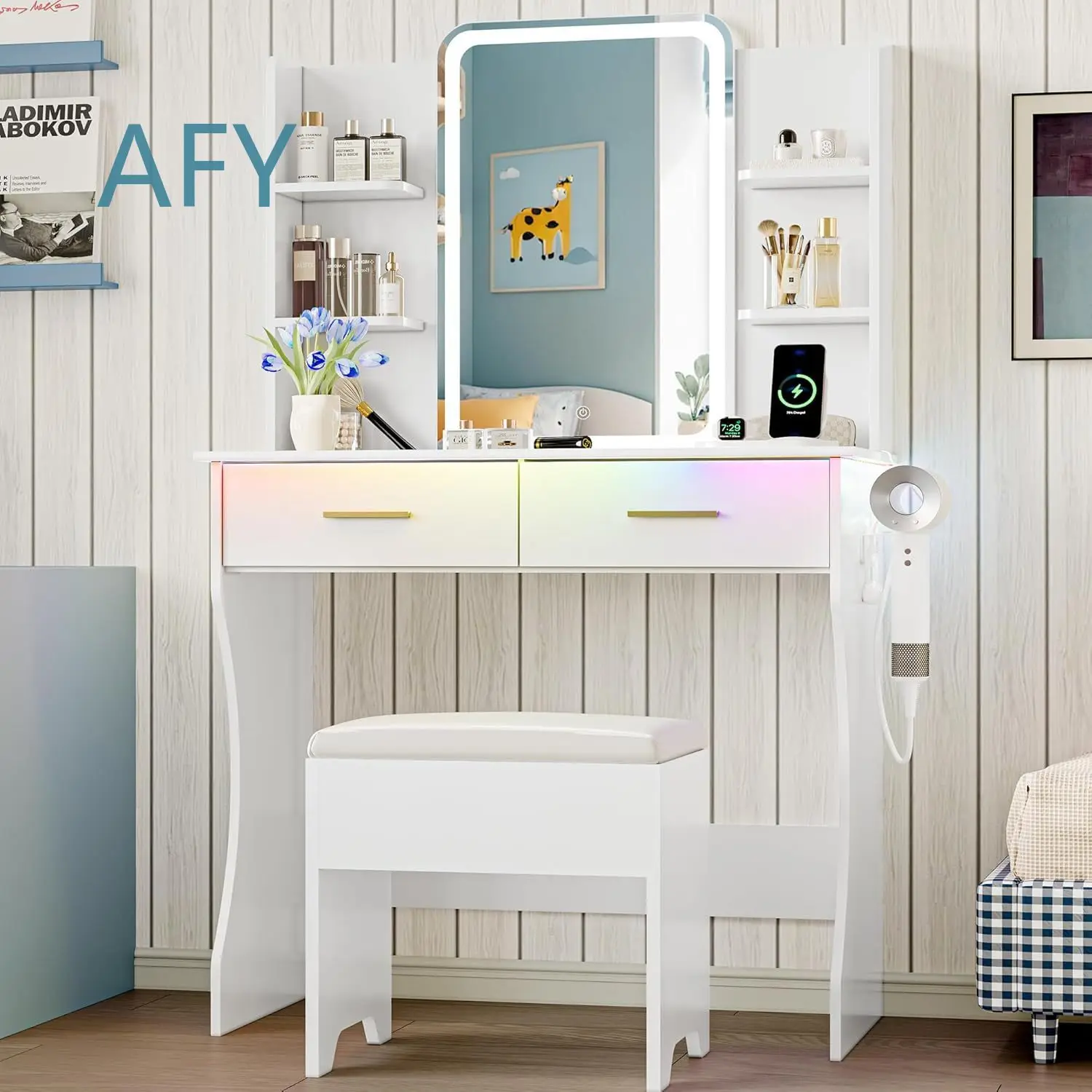 LED Vanity Mirror with Adjustable Brightness Power Outlet for Dressing Table Modern Flat Pack Furniture for Home Bedroom