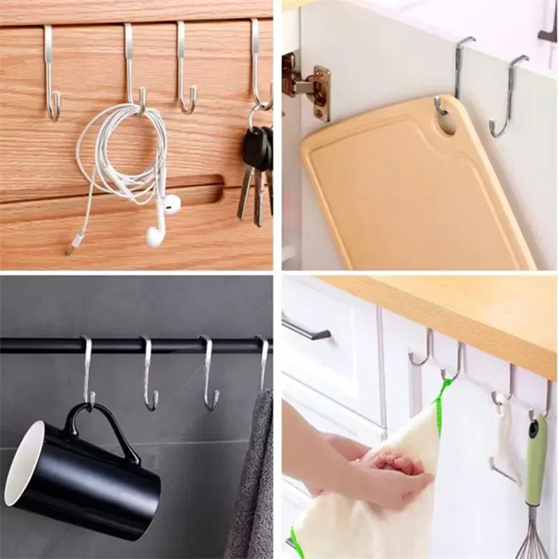 304 Stainless Steel Hook Double S-Shape Hook Free Punching Kitchen Bathroom Cabinet Door Without Trace Hook Towel Storage Hanger