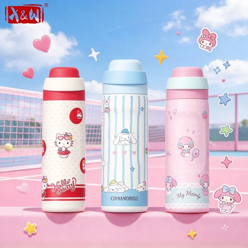 X&W Sanrio 580ml Kids Insulated Bottles Hello Kitty Dual Drink Flip Lid Portable Student Thermos Travel Tumbler Gift for Girls