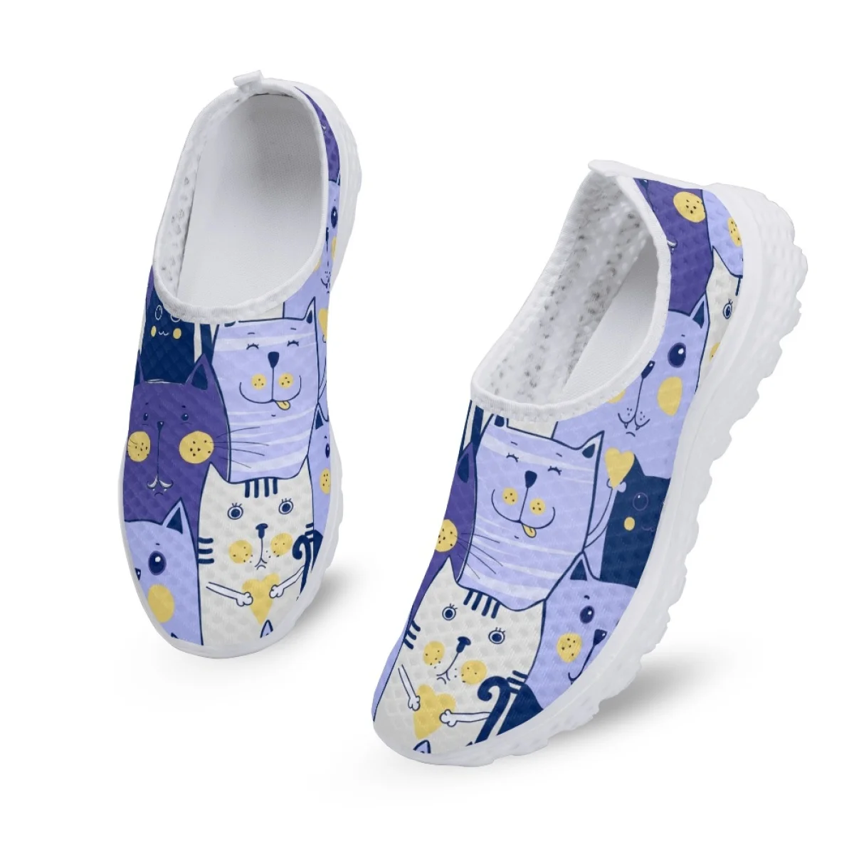 Kawaii Cat Cartoon Print Ladies Spring Summer Sneakers Dirt Resistant Round Toe Mesh Shock Absorbing Women Shoe Travel  Footwear