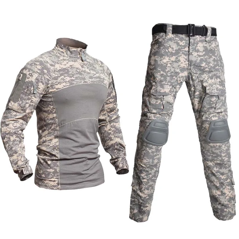 Uniformes táticos camisas do exército Rip-stop Camo Pants + pads Militar Men Clothing Airsoft Paintball Ternos de combate Caça Roupas