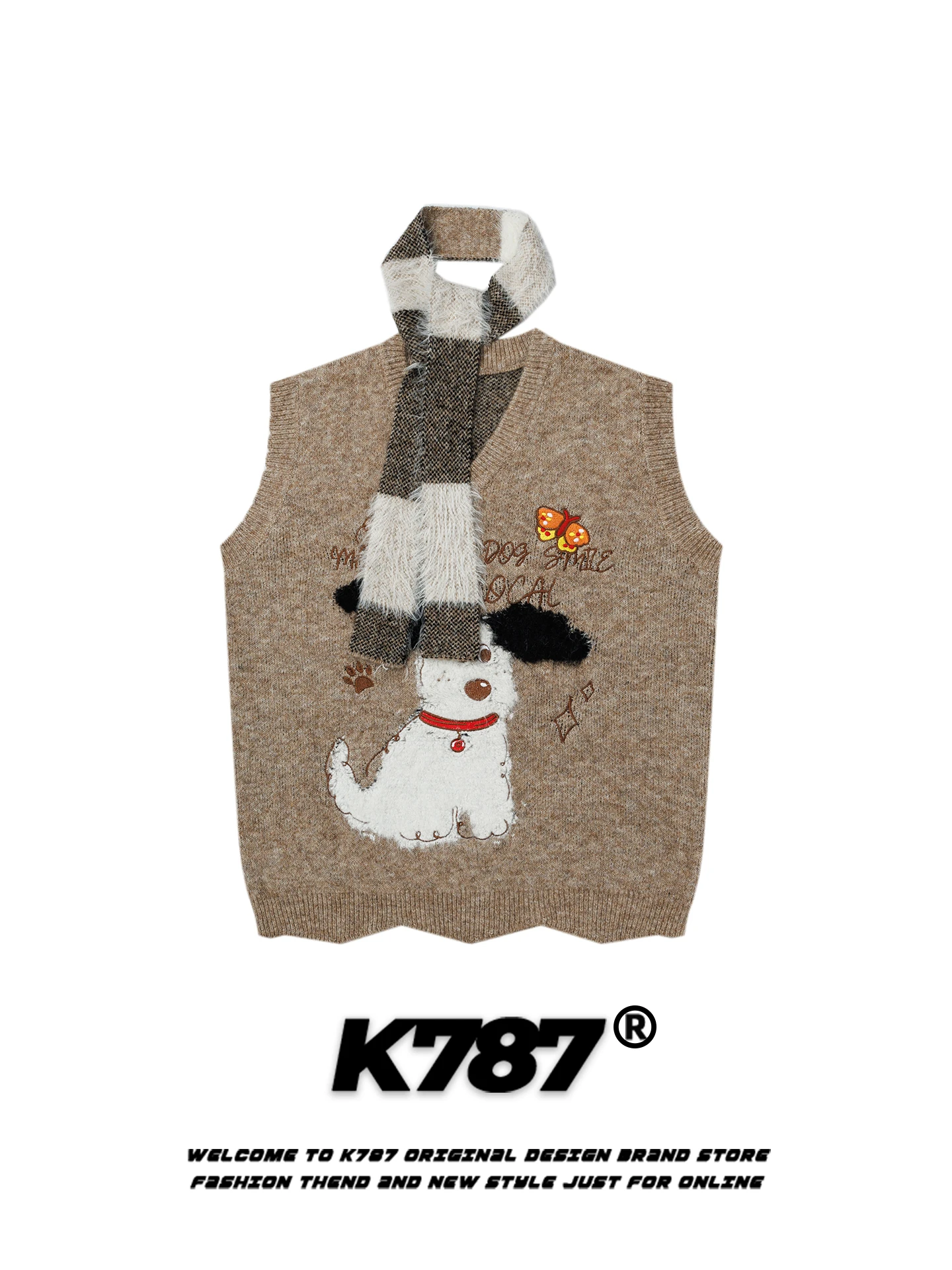

American Street Sle Cartoon Dog Scarf V-Ne Knitted Vest Loose Svel Sweater for Men And Women Casual Autumn Wear
